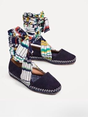 Zara Women's Navy Espadrille Wrap Flats with Multicolor Scarf Ties New Size 36